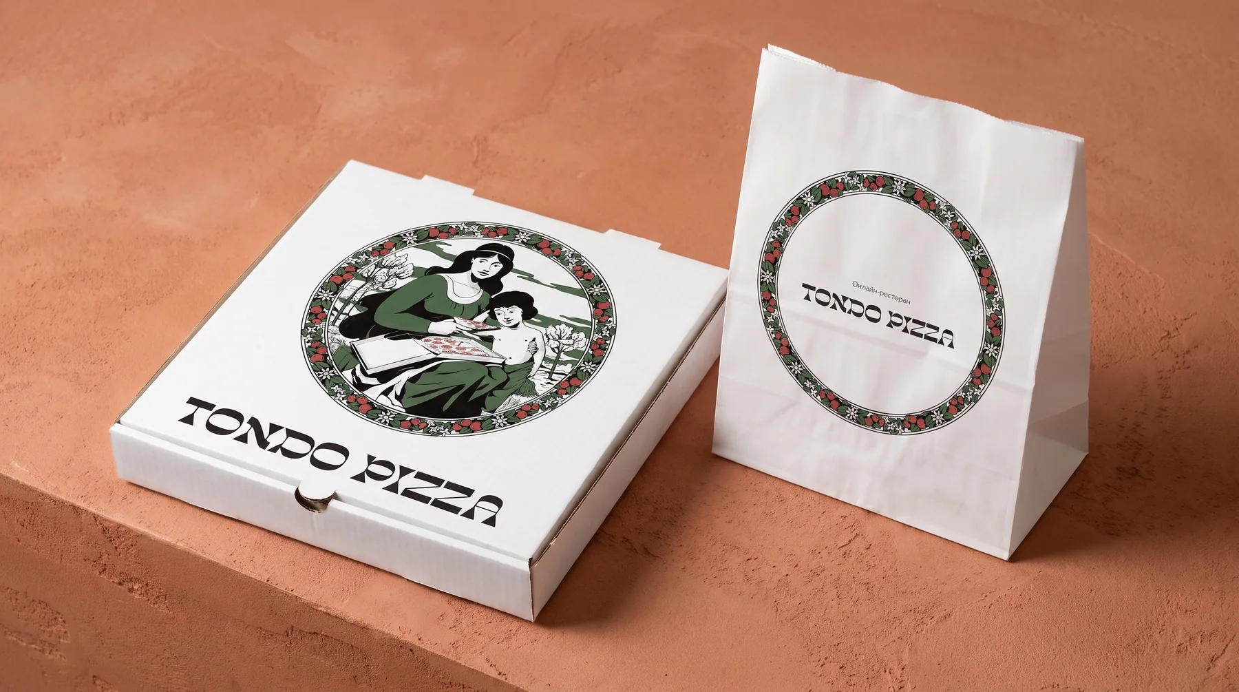Tondo Pizza: Айдентика пиццерии в духе итальянского модерна: авторская иллюстрация-тондо, упаковка и носители